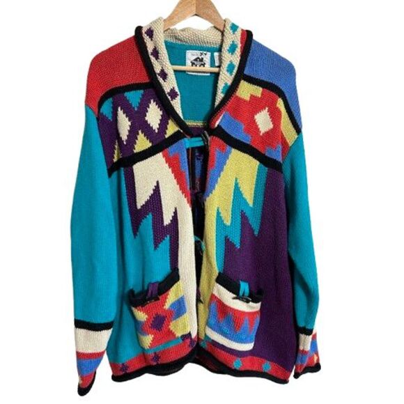Storybook Knits Aztec Southwest Tribal Heavy Cardigan Sweater 3X Shawl Collar - Picture 1 of 6
